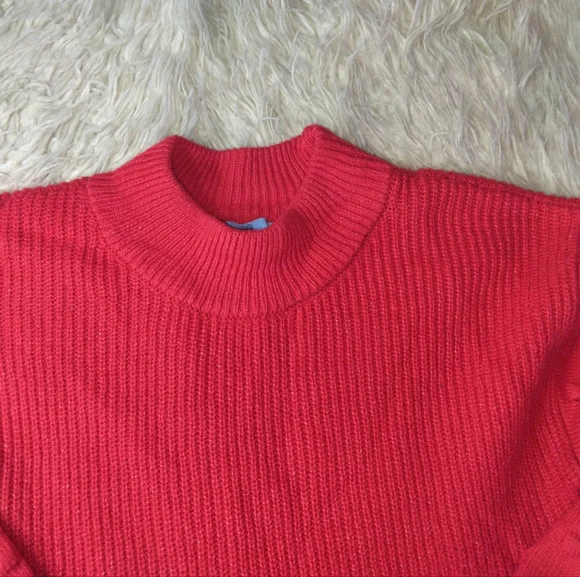 CeCe Luminous Red Pullover Ribbed Knit Sweater With Bobble Sleeves Size S - Picture 4 of 8